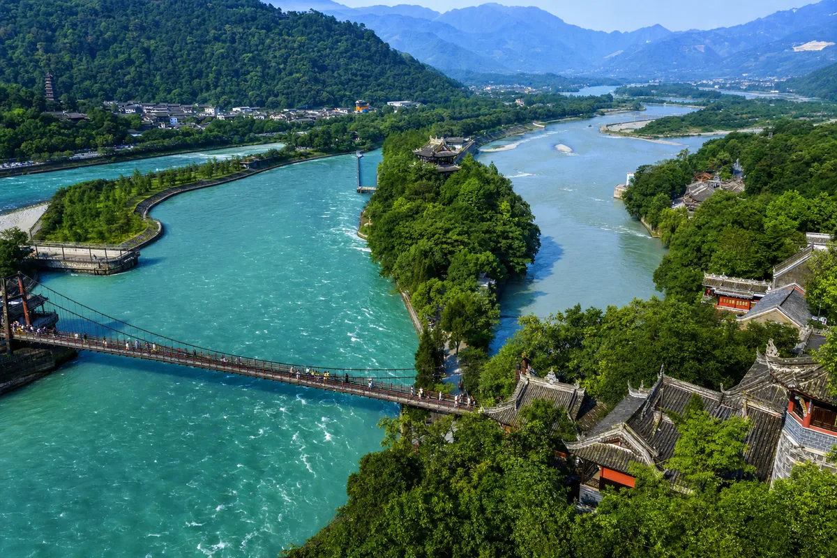 Dujiangyan ancient irrigation system with suspension bridge over the Min River near Chengdu