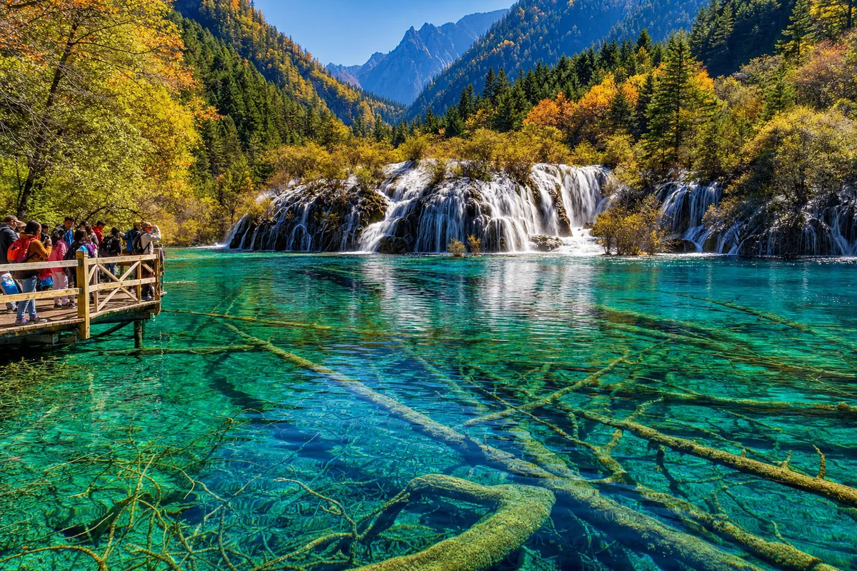 Turquoise multi-colored lakes and forested peaks of Jiuzhaigou in northern Sichuan
