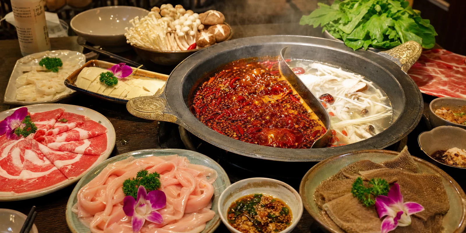 Bubbling red Sichuan hotpot surrounded by plates of raw meat and vegetables on a Chengdu restaurant table