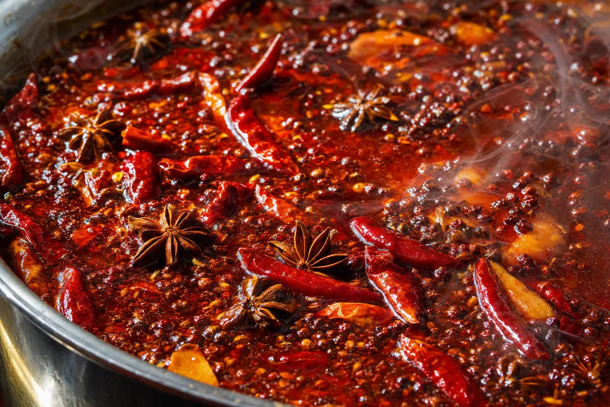 Close-up of spicy Sichuan hotpot broth with Sichuan peppercorns and dried chilies floating in red oil