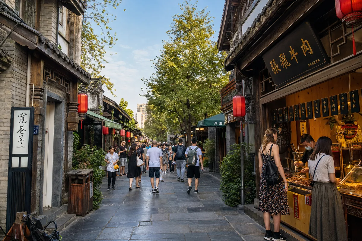 Restored Qing-dynasty lane at Kuanzhai Alley in Chengdu with grey-brick architecture and snack stalls