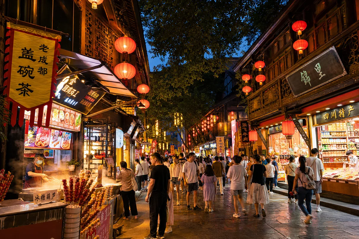 Jinli Street food stalls lit by red lanterns at night in Chengdu