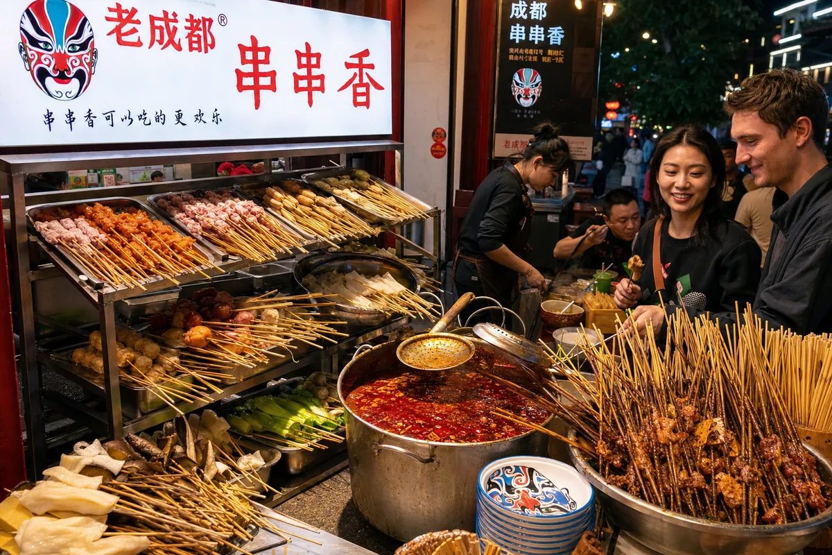 Trays of chuanchuan skewers ready to cook in spicy broth at a casual Chengdu eatery
