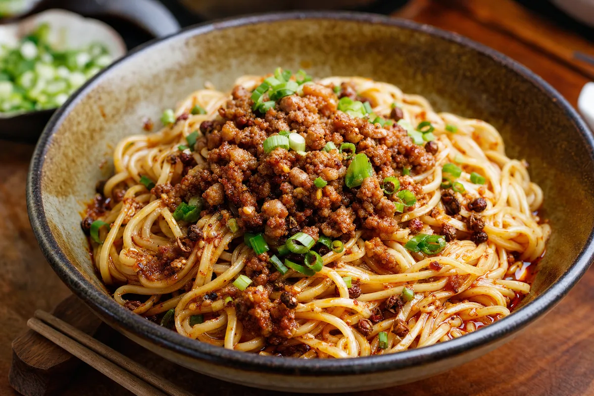 Small bowl of dandan noodles topped with chili oil, sesame sauce, and minced pork