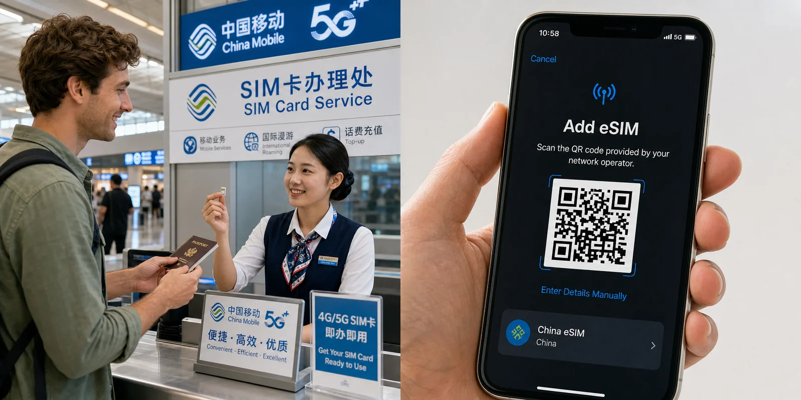 Split image showing a tourist buying a physical SIM card at a China airport counter and an eSIM QR code being scanned on a phone