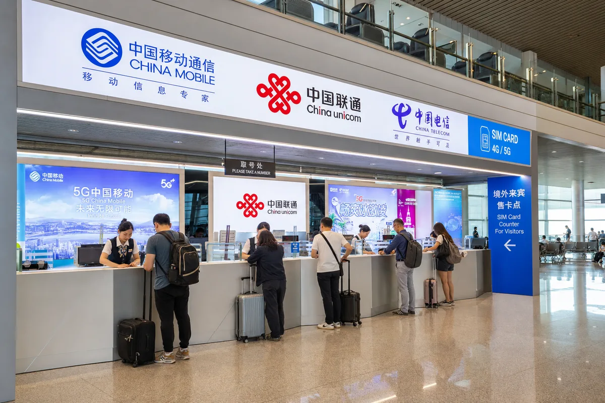 China Unicom and China Mobile SIM card counters in an airport arrivals hall with travelers
