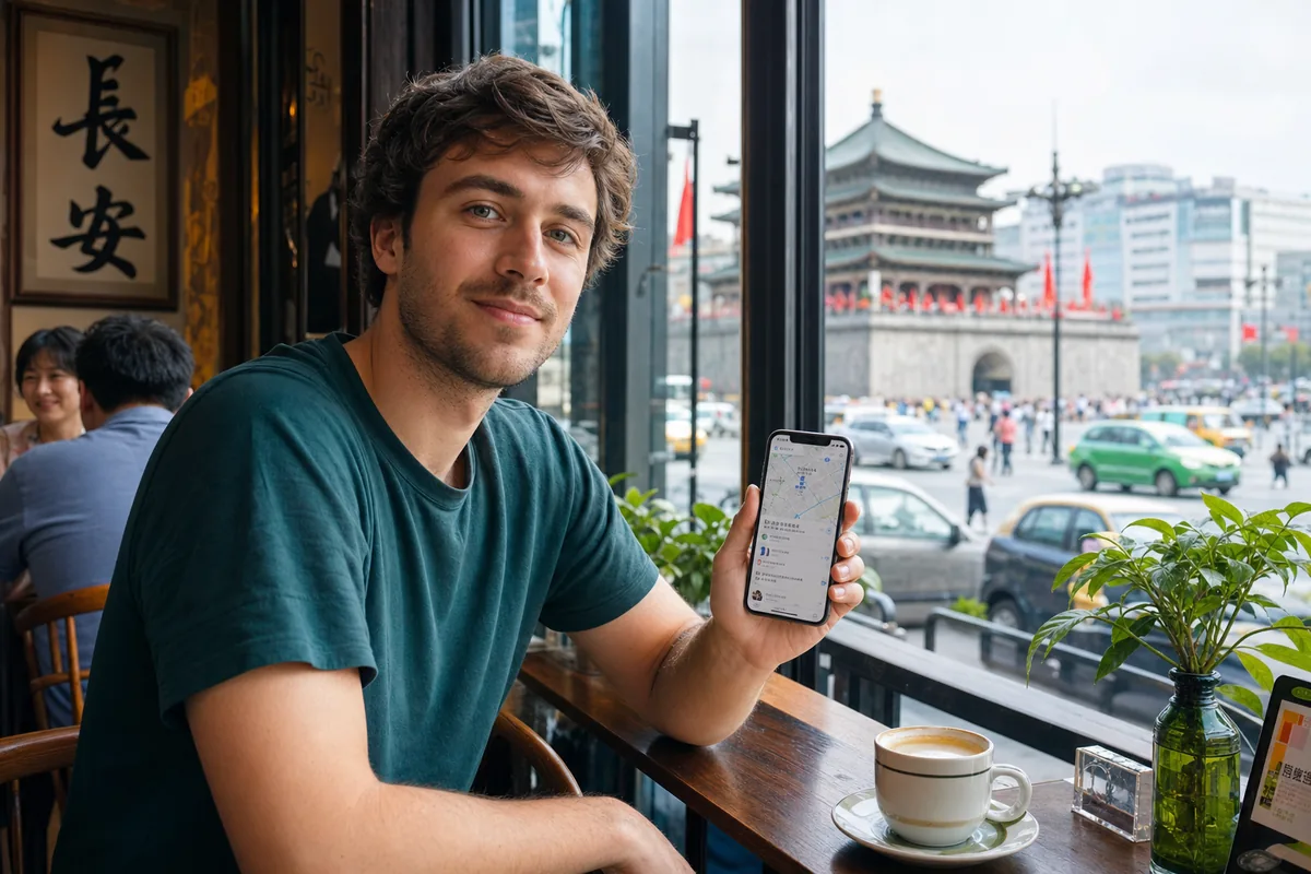 Traveler using a smartphone with maps and messaging apps working on a China travel eSIM