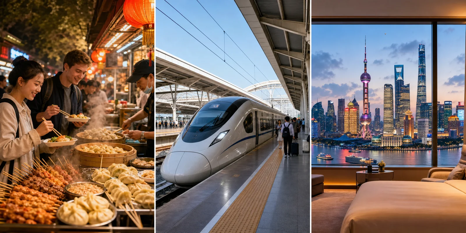 Collage of China travel scenes showing street food, high-speed train, and city skyline representing different travel budgets