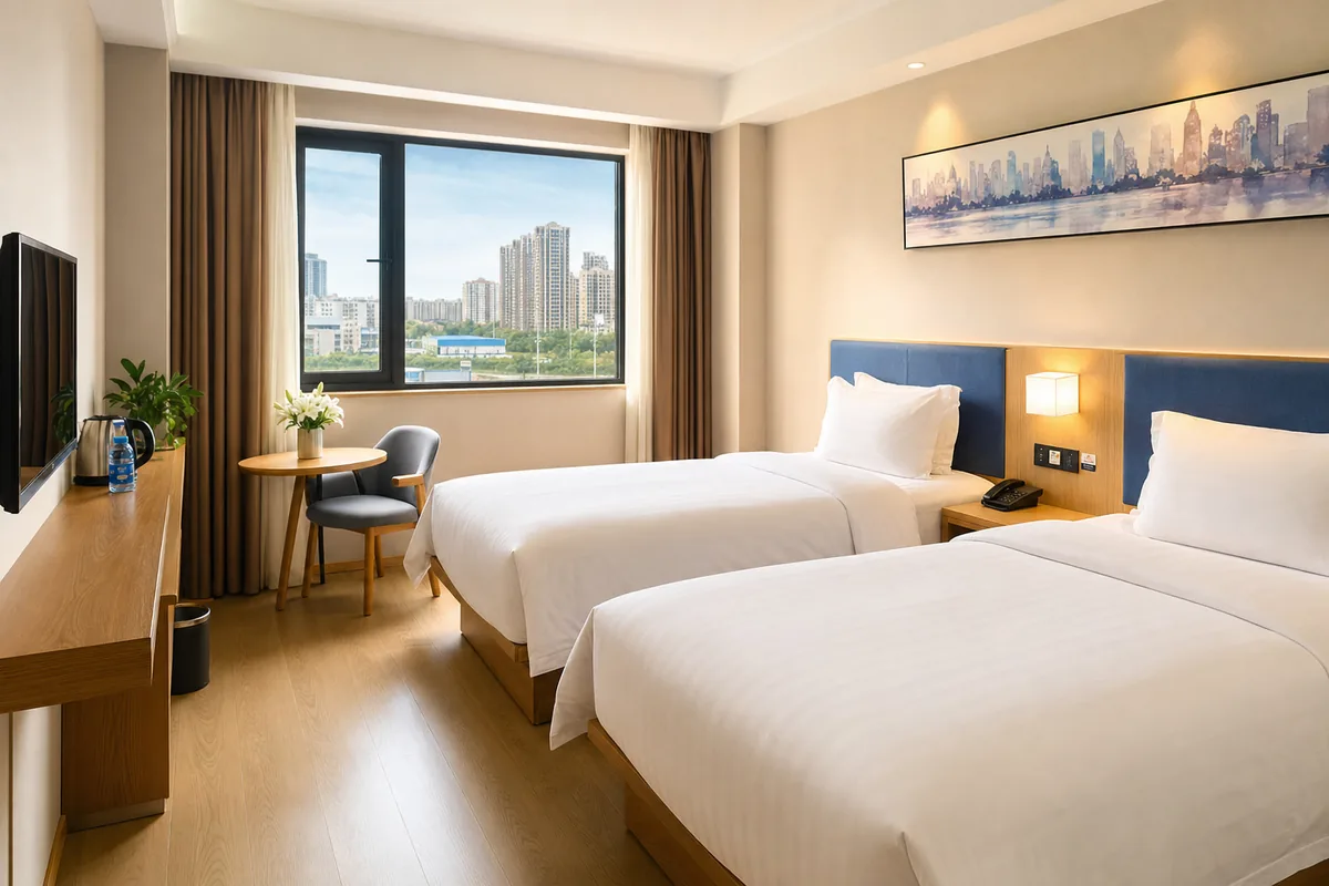 Clean budget hotel twin room in China with simple modern decor