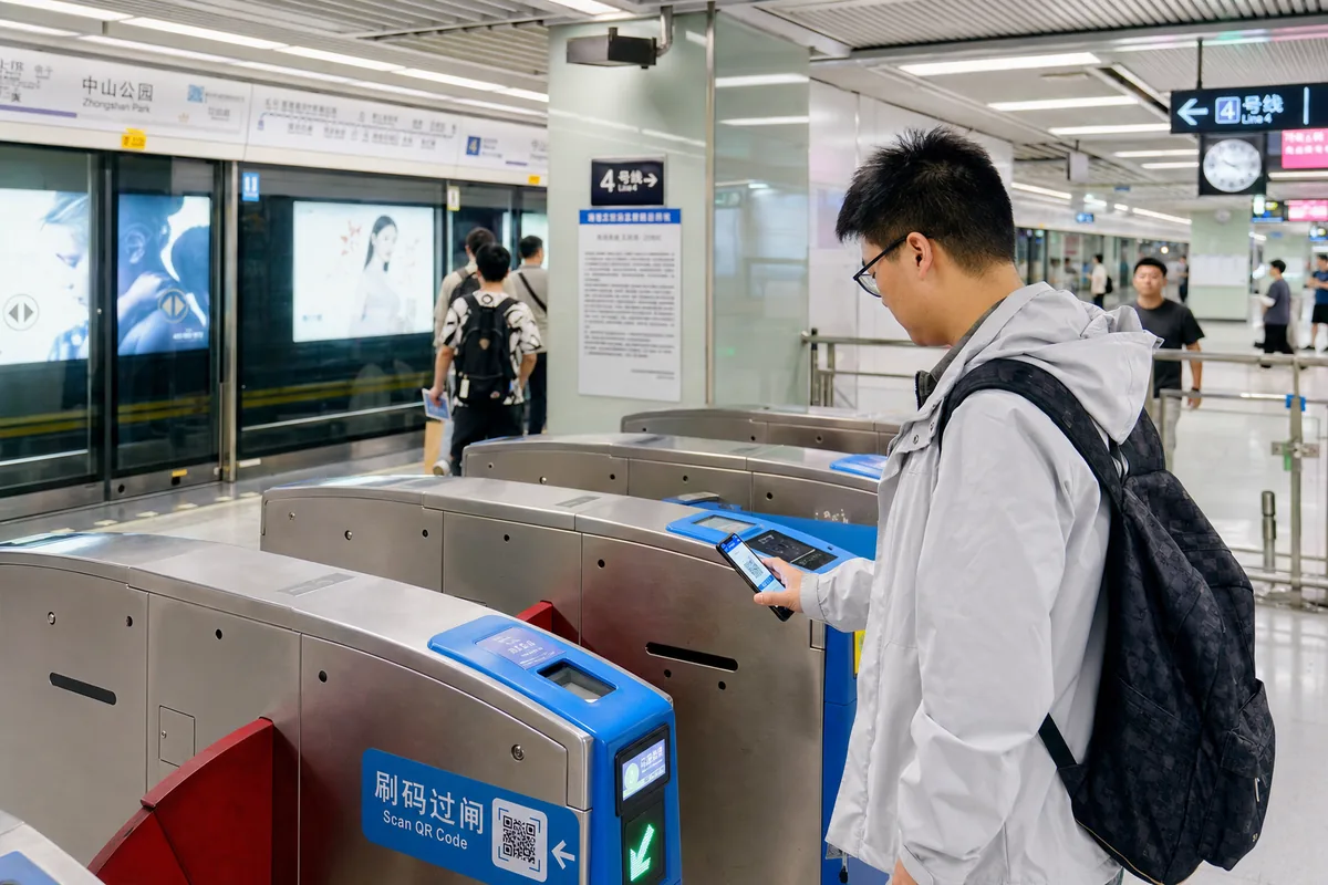 Passenger using phone QR code to enter a clean modern subway station in China
