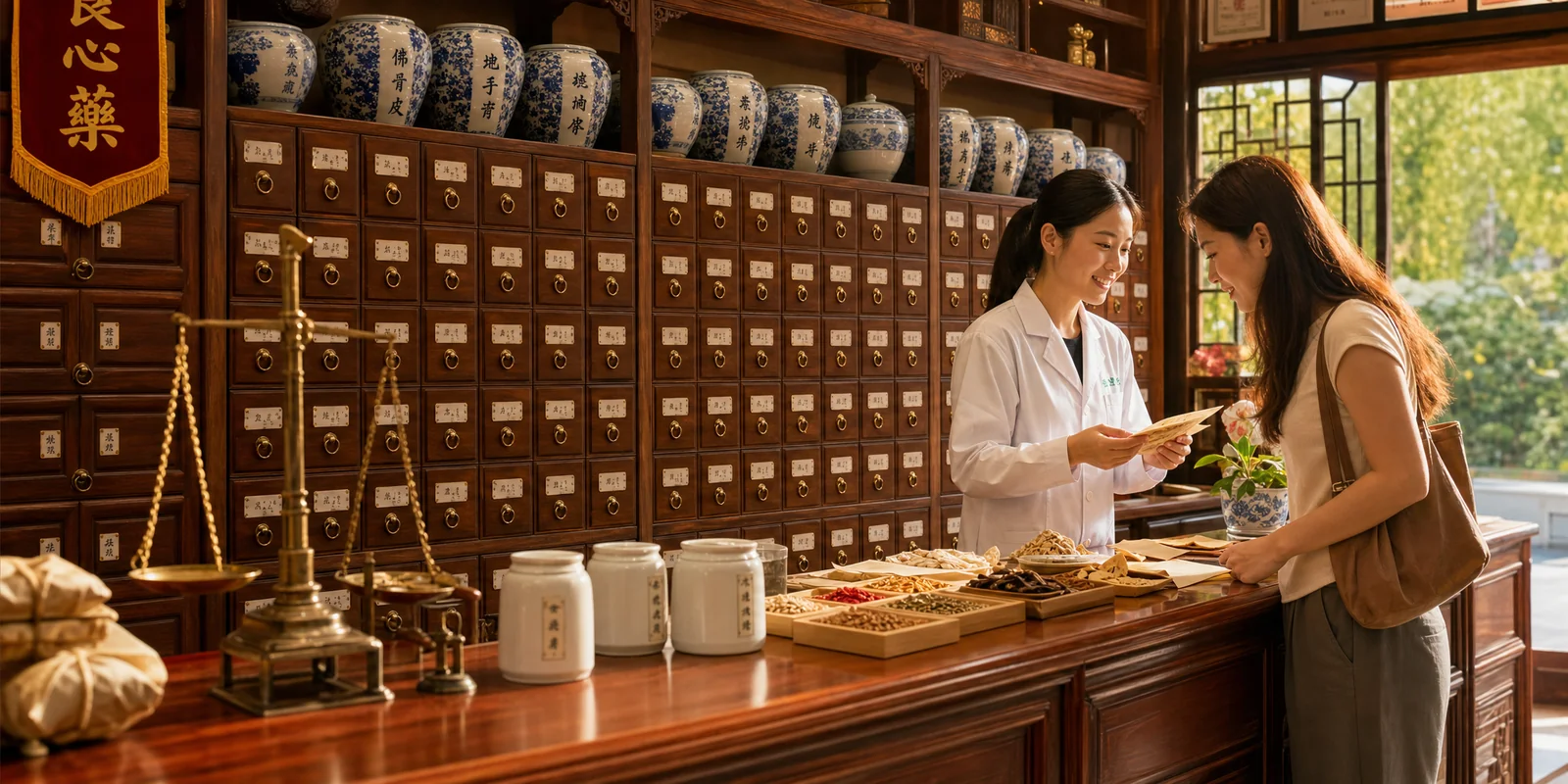 Traditional Chinese medicine pharmacy with wooden herb drawers, scales, and dried herbs on the counter