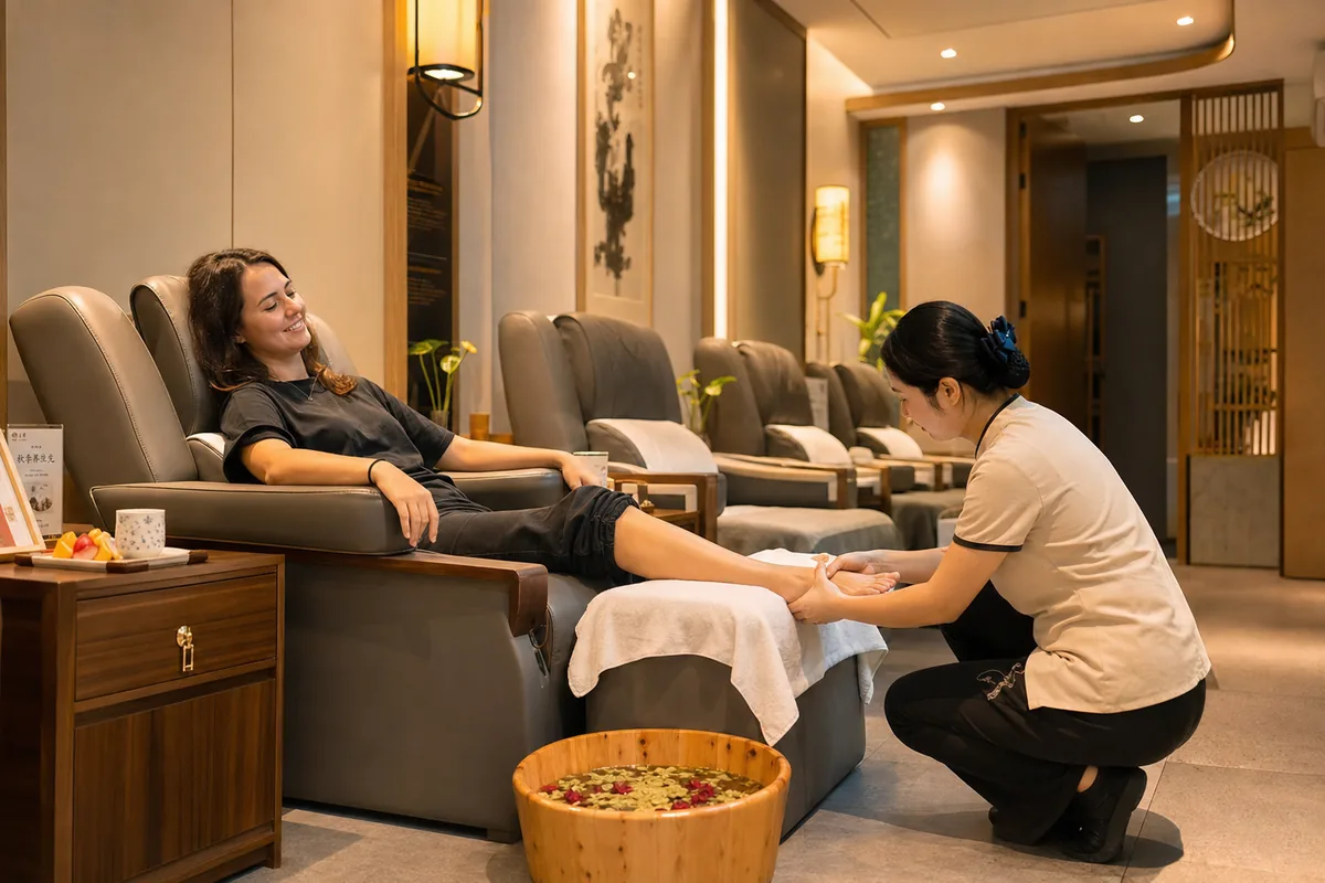 Customer relaxing in a reclining chair during a Chinese foot massage with feet soaking in a herbal water basin