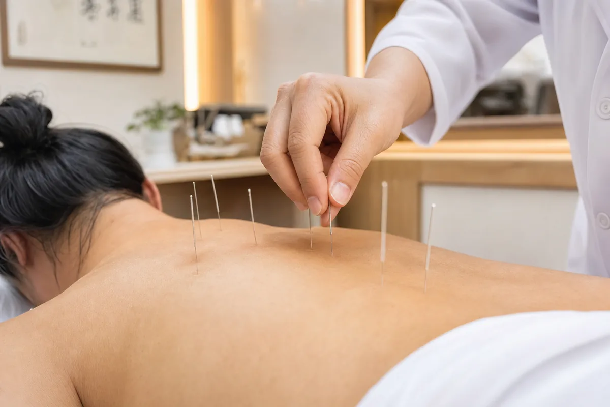 Acupuncture treatment with thin sterile needles placed on a patient's back in a clean TCM clinic
