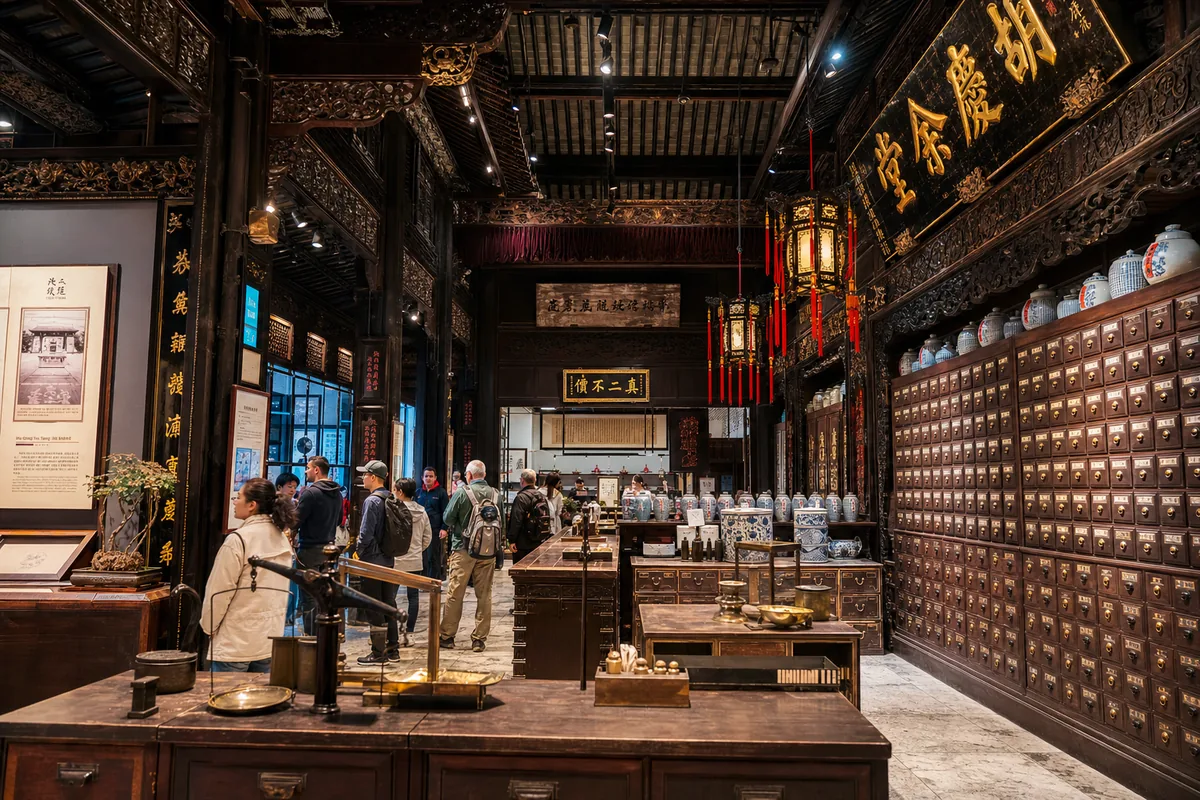 Interior of a historic Chinese medicine pharmacy museum with carved wooden architecture and antique dispensing counters