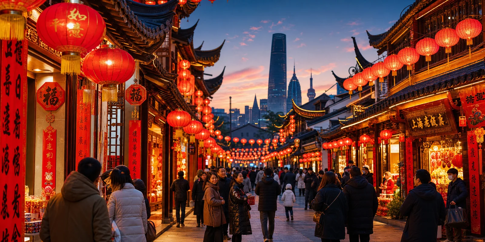 Street lined with red lanterns during Chinese New Year celebrations in China
