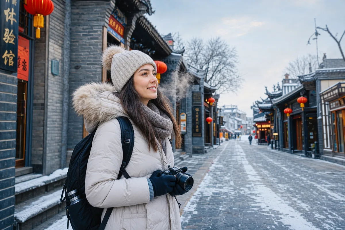 Traveler bundled in a heavy winter coat on a cold northern Chinese street in winter