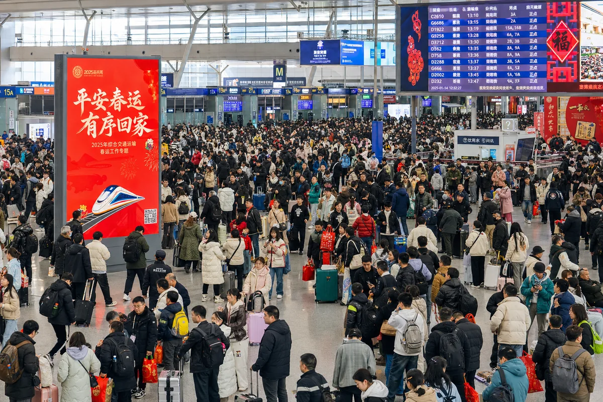 Crowded high-speed train station during the Spring Festival travel rush in China