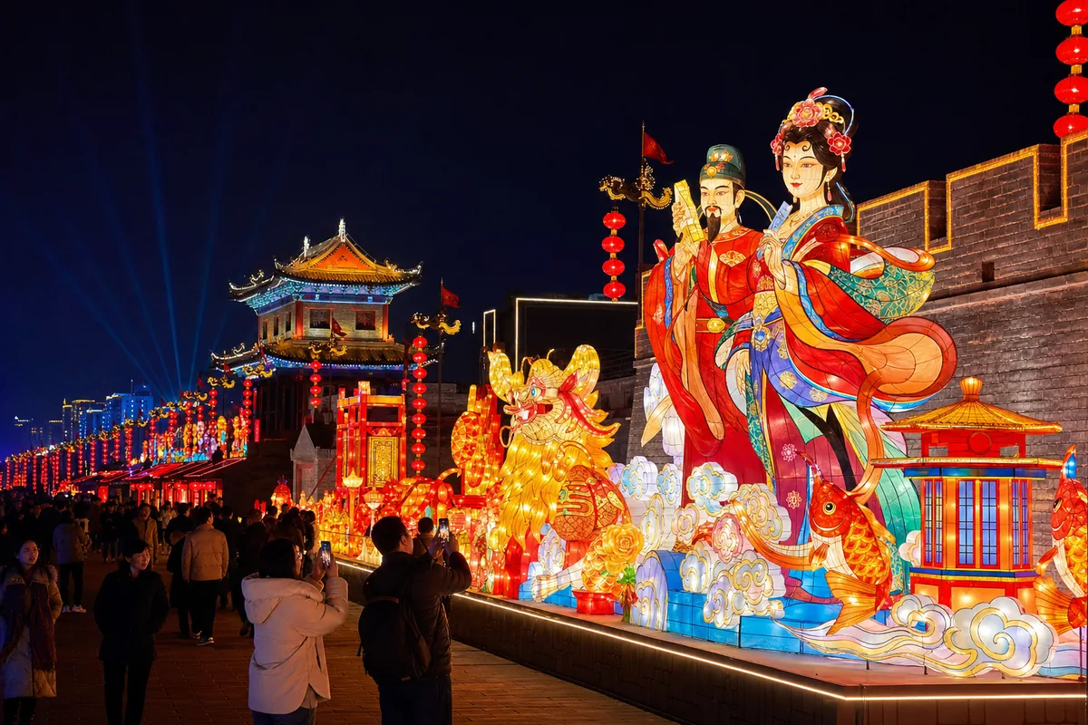 Illuminated lantern displays on the Xi'an City Wall during the Spring Festival
