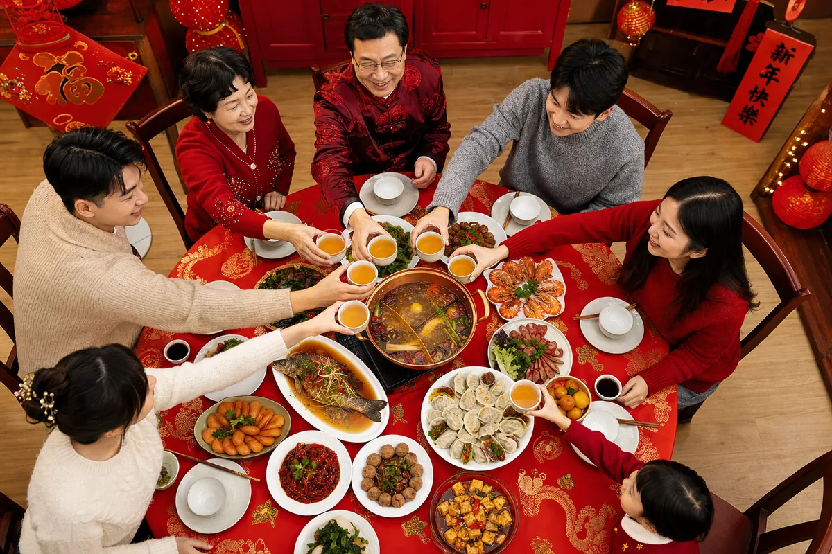 Festive Chinese New Year reunion dinner table laden with traditional dishes
