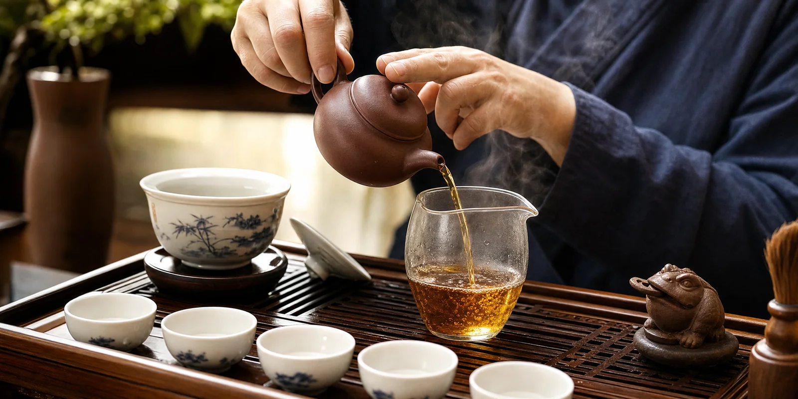 Chinese tea ceremony with a host pouring tea from a clay pot into small cups in a gongfu cha setting