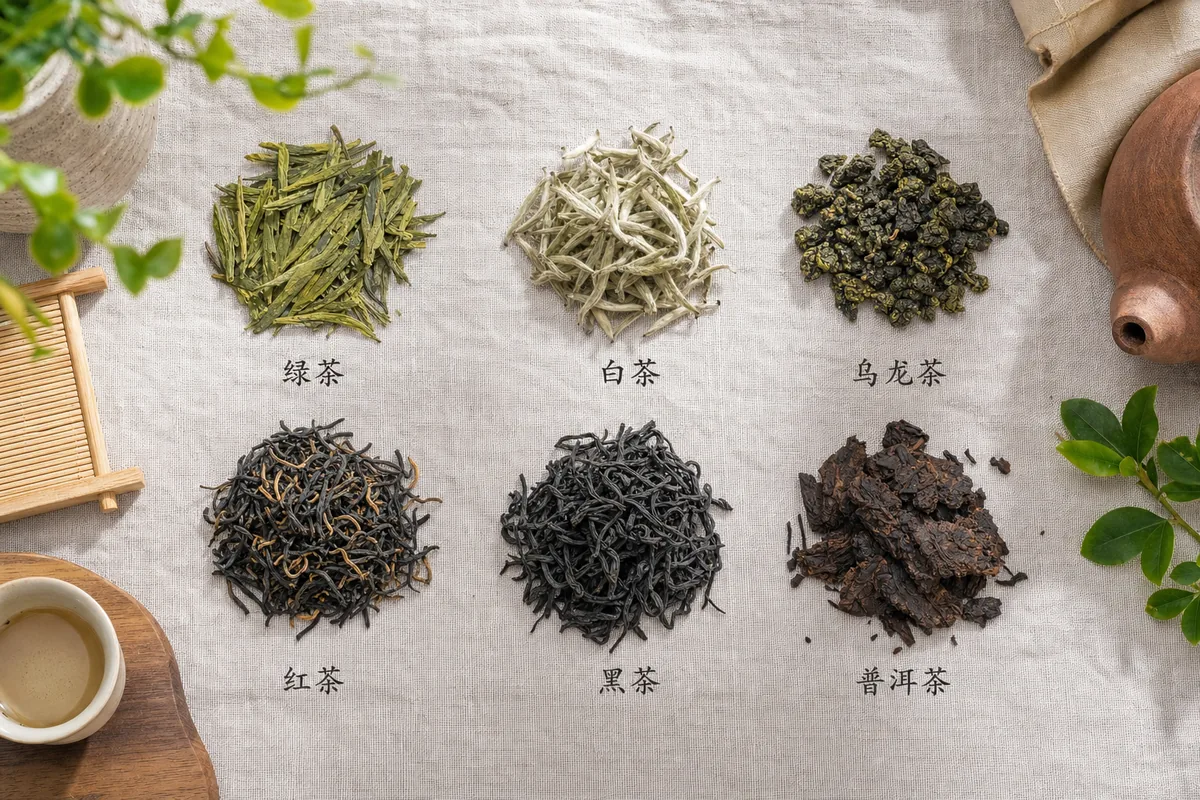Different Chinese tea types shown as loose dry leaves including green, oolong, black and pu'er