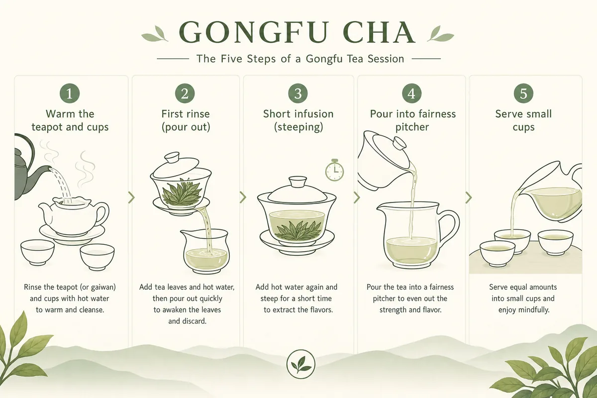 Step-by-step illustration of the gongfu cha brewing process from warming cups to pouring short infusions
