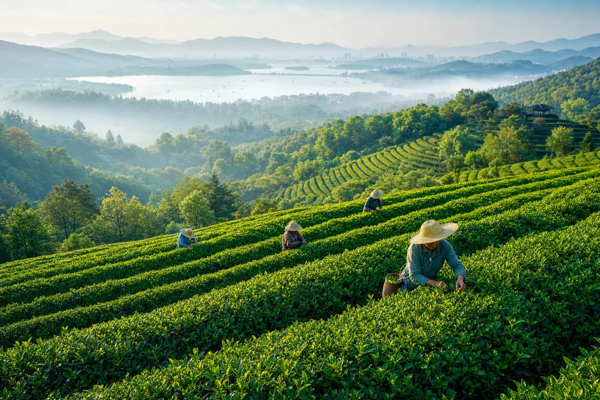 Longjing green tea terraces on the hills near West Lake in Hangzhou with tea pickers