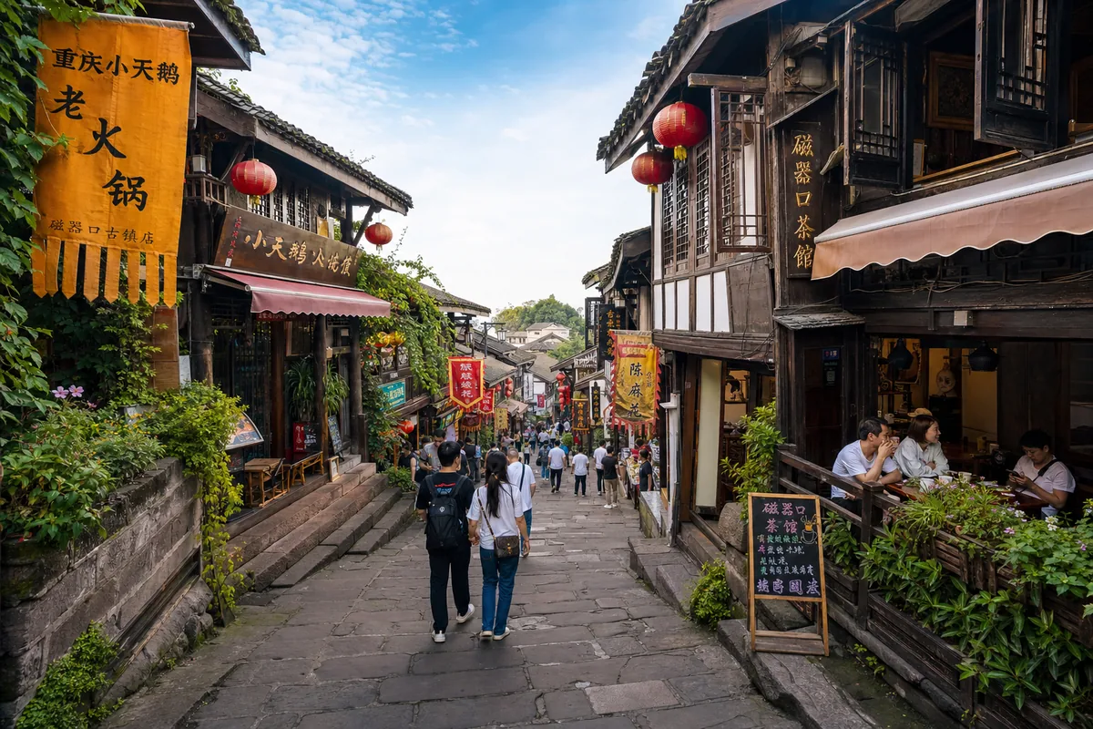 Stone-paved lane in Ciqikou ancient town lined with old shops and teahouses in Chongqing