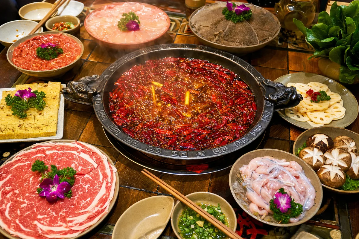 Bubbling spicy Chongqing hotpot with chilies and Sichuan peppercorns surrounded by raw ingredients