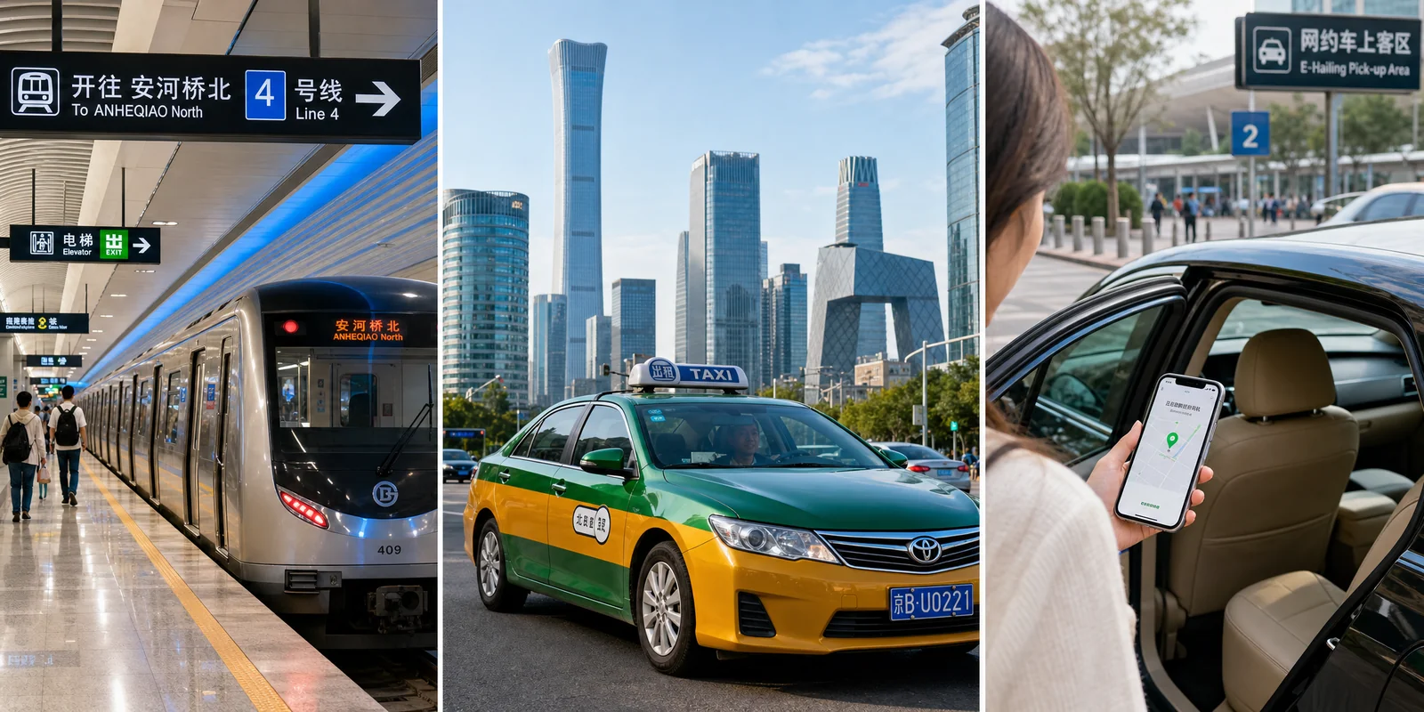 Collage of city transport in China: a modern metro platform, a city taxi, and a ride-hailing pickup on a busy street