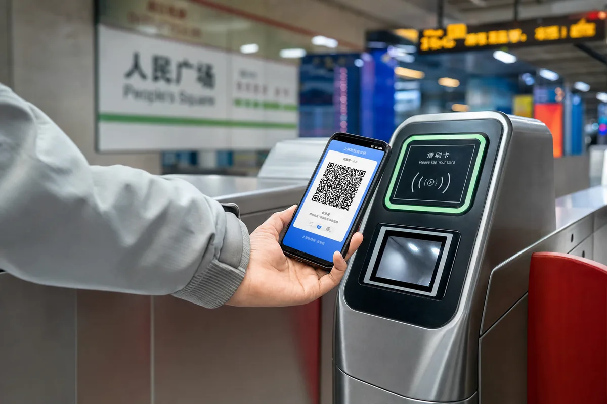 A traveler tapping a contactless bank card and scanning a phone QR code at a Chinese metro fare gate