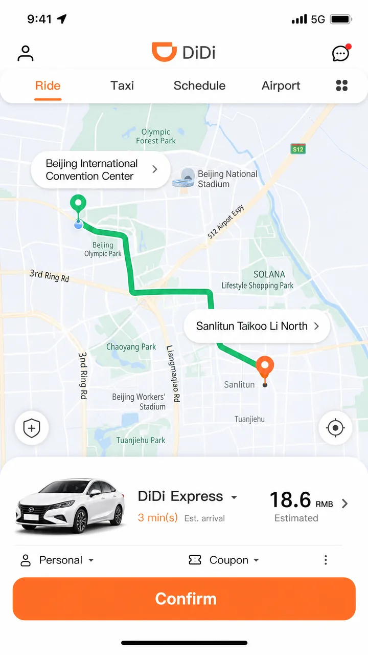 DiDi ride-hailing app English interface showing route, pickup point and estimated fare