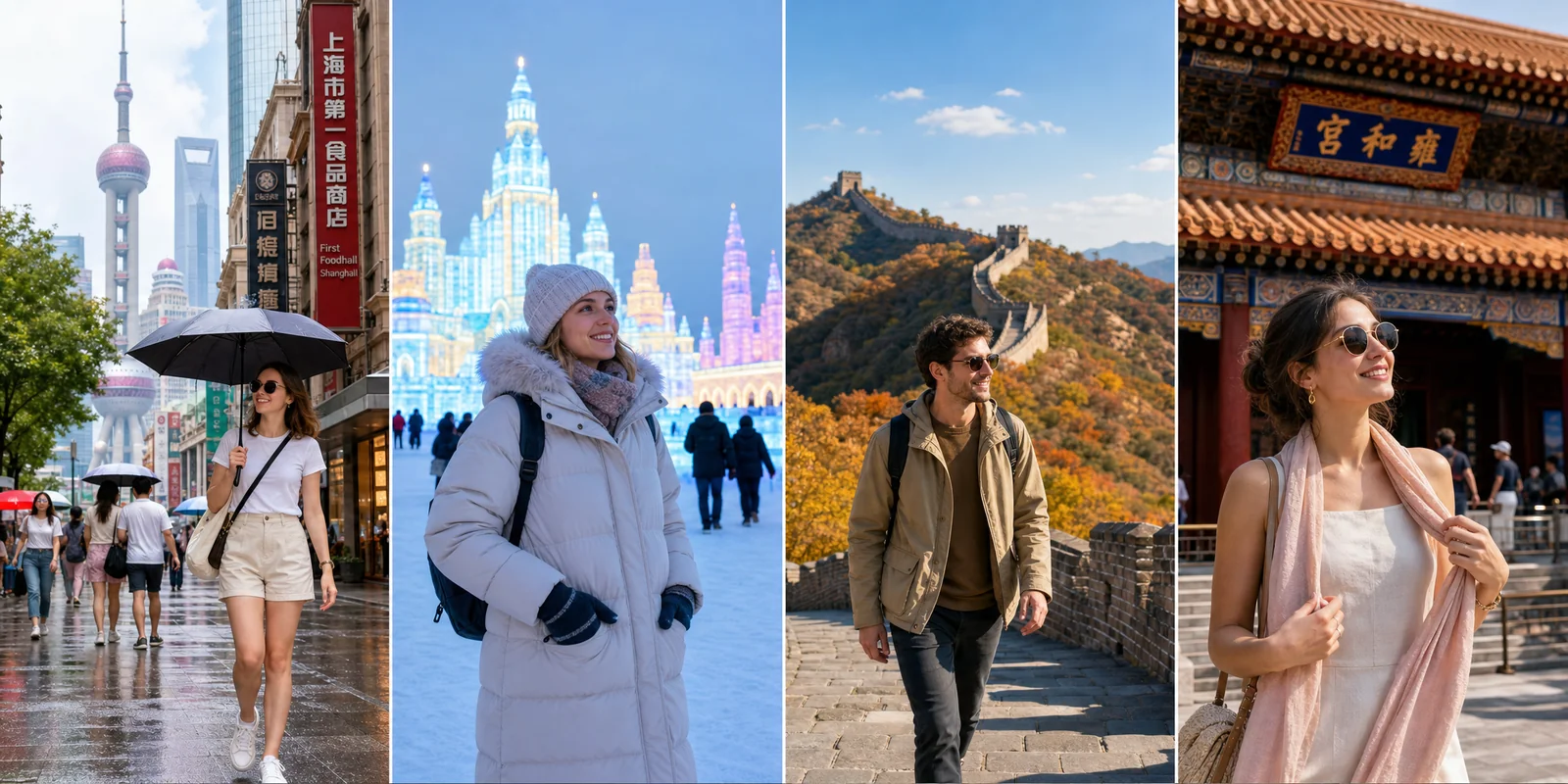 Four panels showing what to wear in China across seasons: summer light clothing, winter down jackets in the snowy north, autumn layers, and a scarf covering shoulders at a temple