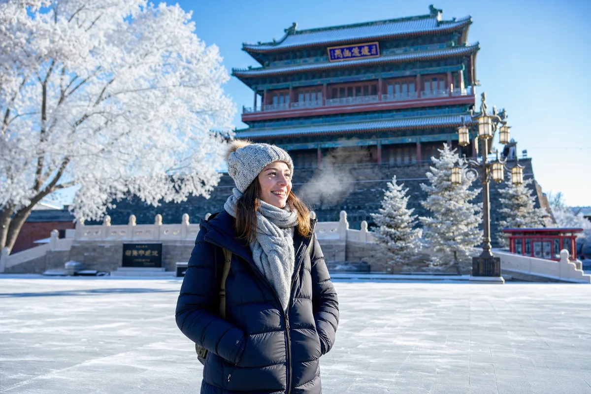 Traveler in a thick down jacket, hat, gloves and scarf standing in snow at a northern China winter landmark