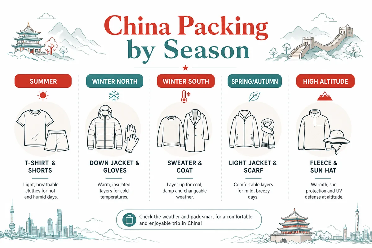 Infographic showing a China packing checklist by season with clothing icons for summer, winter, spring, autumn and high altitude
