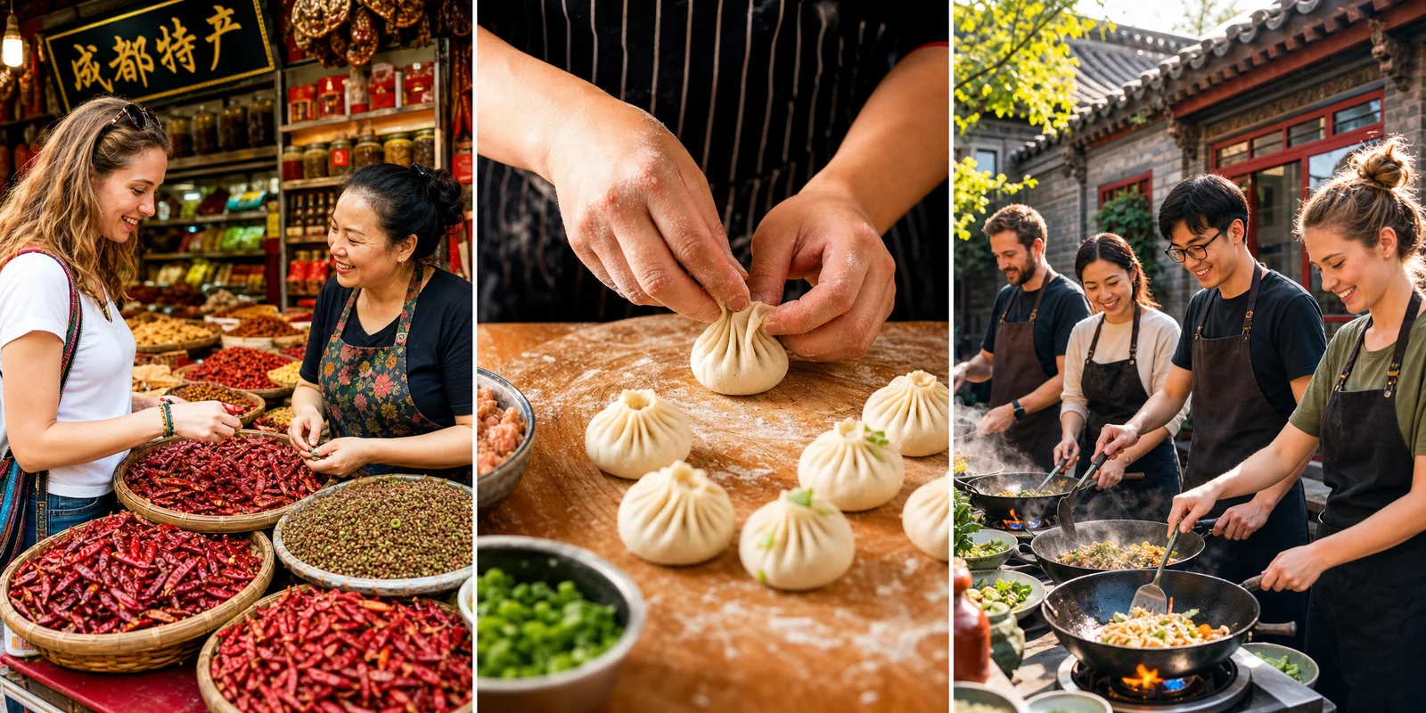 Travelers at a Chinese cooking class folding dumplings and selecting spices at a market