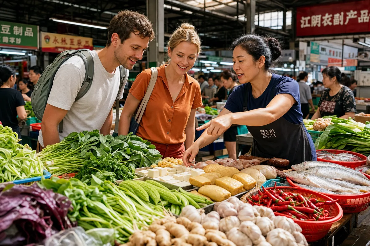 A cooking class instructor showing fresh ingredients to travelers at a Chinese wet market