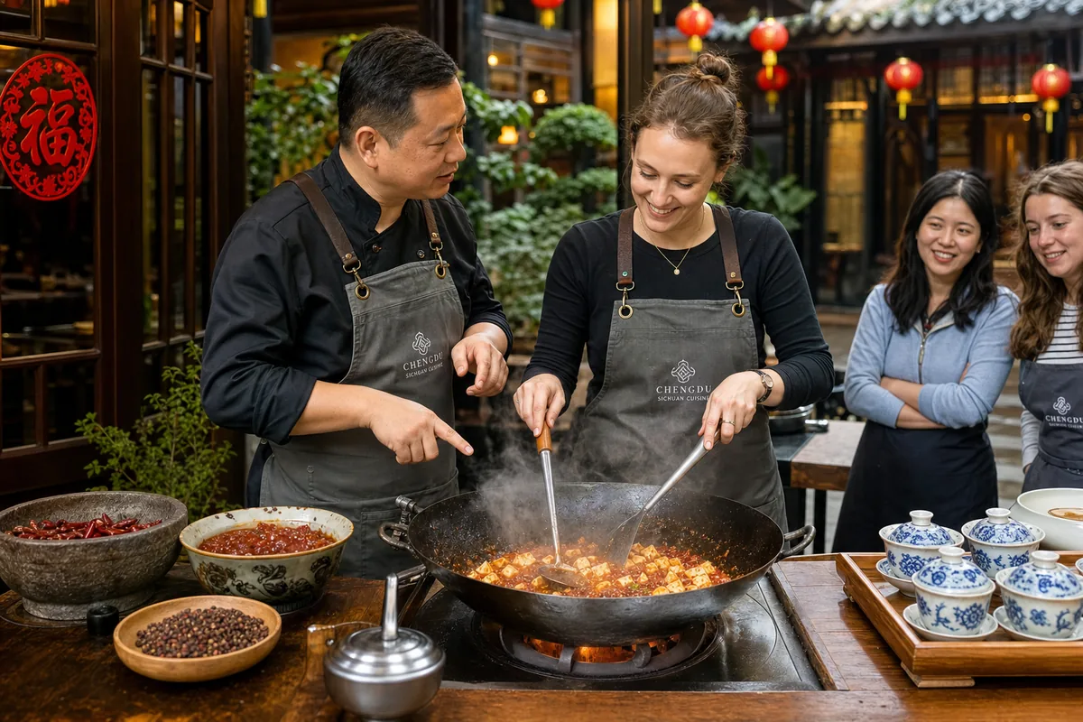 Travelers cooking Sichuan dishes in a wok during a Chengdu cooking class with a chef guiding