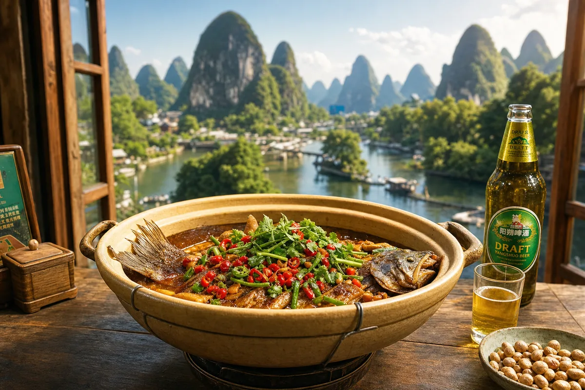 Yangshuo beer fish dish prepared in a cooking class with karst mountains in the background