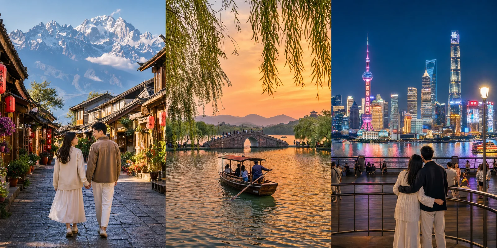 Romantic China honeymoon destinations: Lijiang old town, Hangzhou West Lake at dusk, and Shanghai's Bund skyline at night