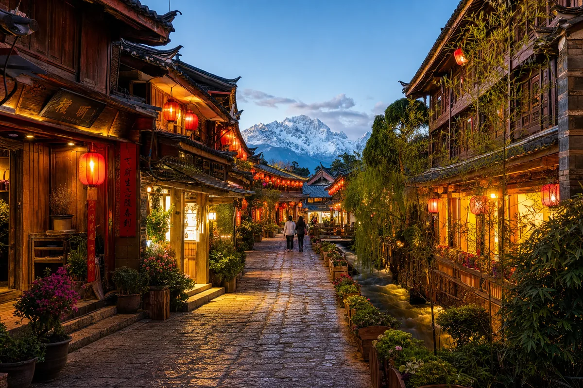 Lijiang old town stone lanes and canals at dusk with lanterns and Jade Dragon Snow Mountain in the background
