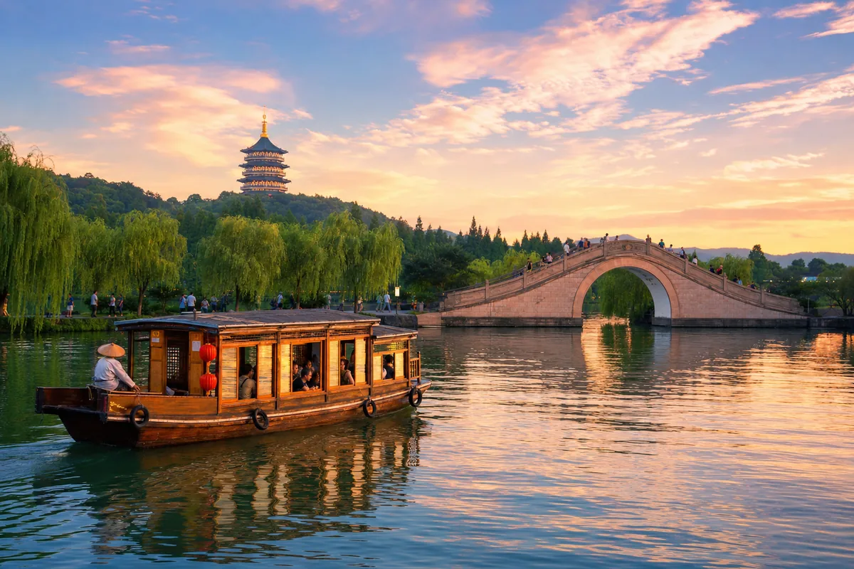 Couple on a wooden boat crossing Hangzhou West Lake at dusk with willow causeway, stone bridge and pagoda