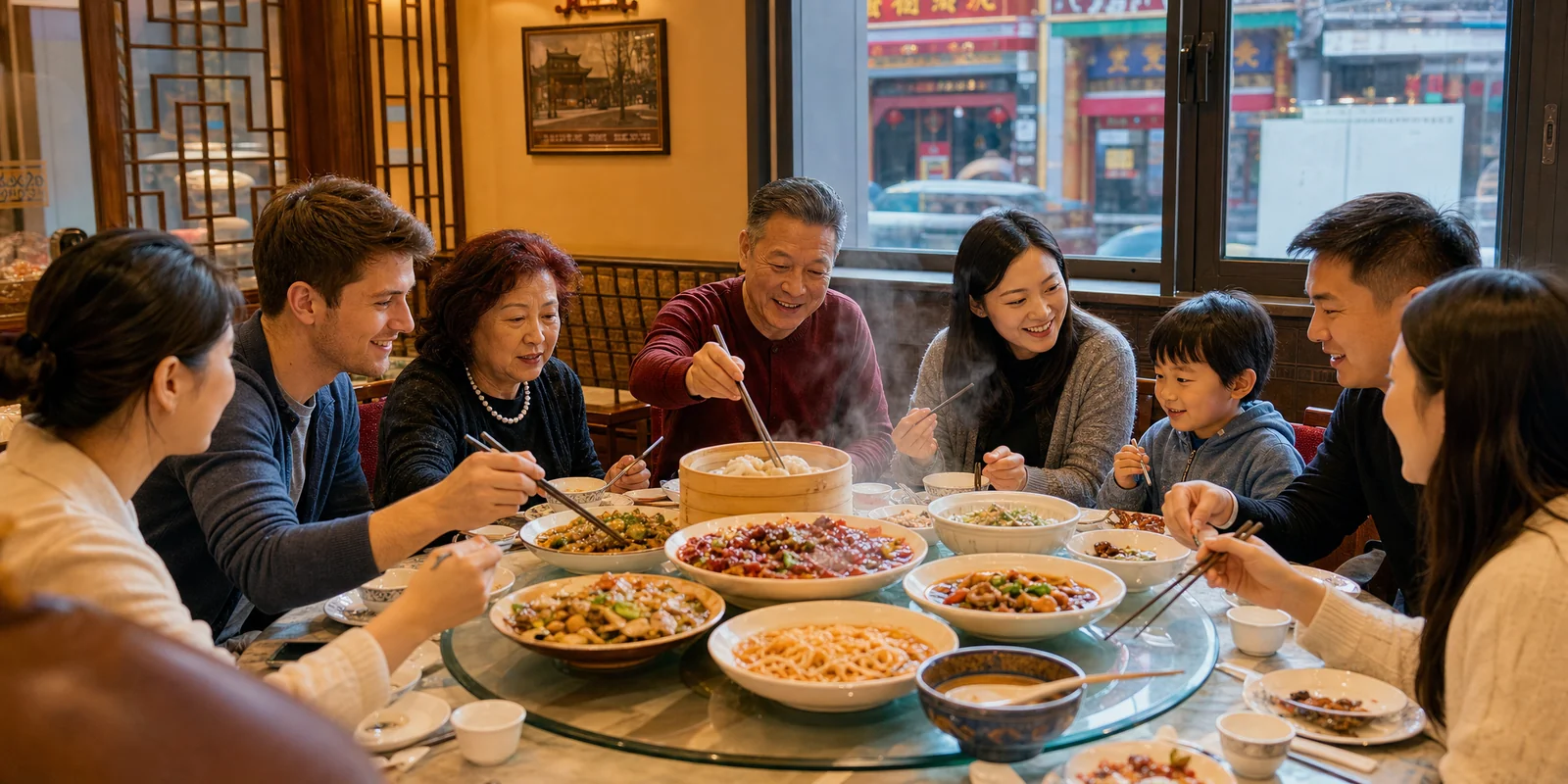 Friends and family sharing dishes around a round table at a Chinese meal, illustrating communal dining etiquette