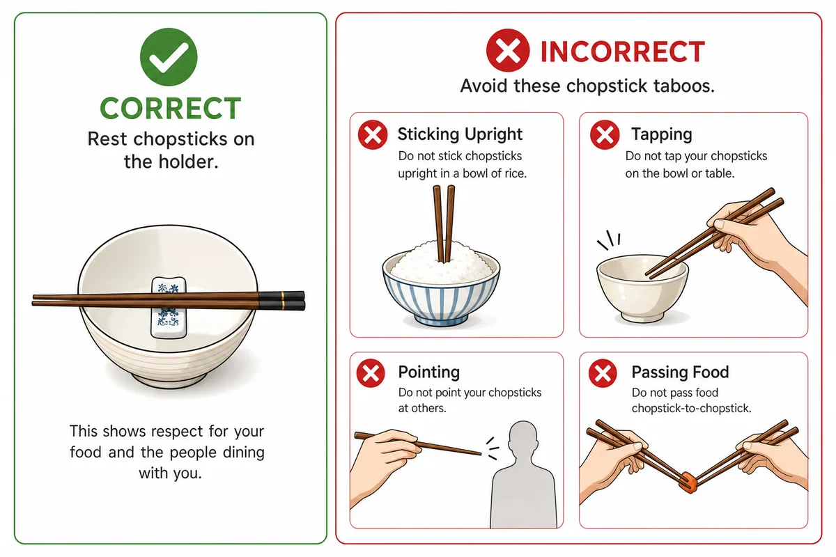 Infographic showing correct chopstick placement versus chopstick taboos to avoid in China