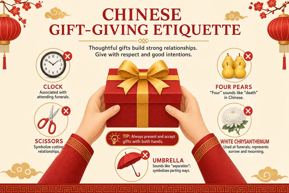 Illustration of gift giving etiquette in China with hands presenting a red gift box and gifts to avoid