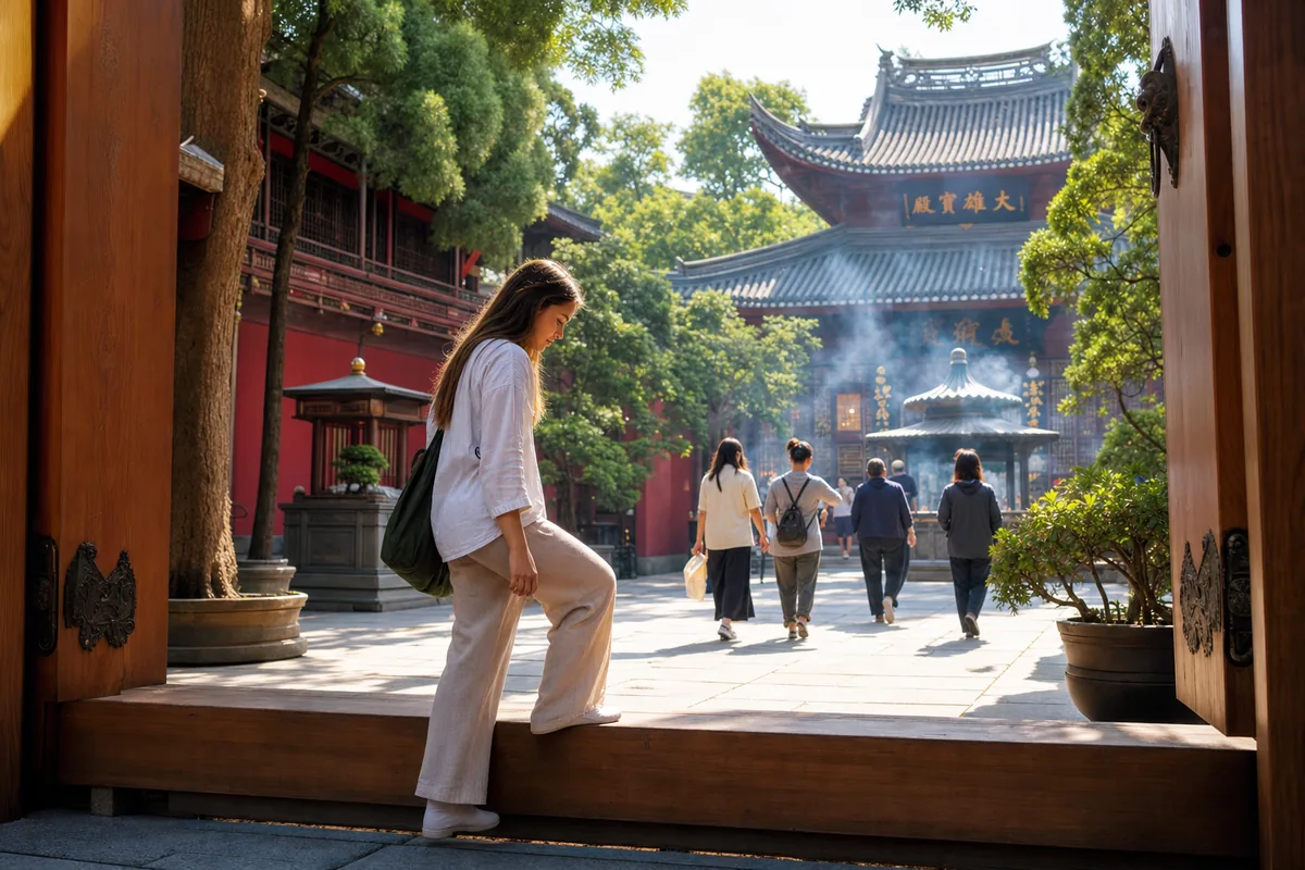 Visitors dressed modestly walking respectfully through a Chinese Buddhist temple courtyard