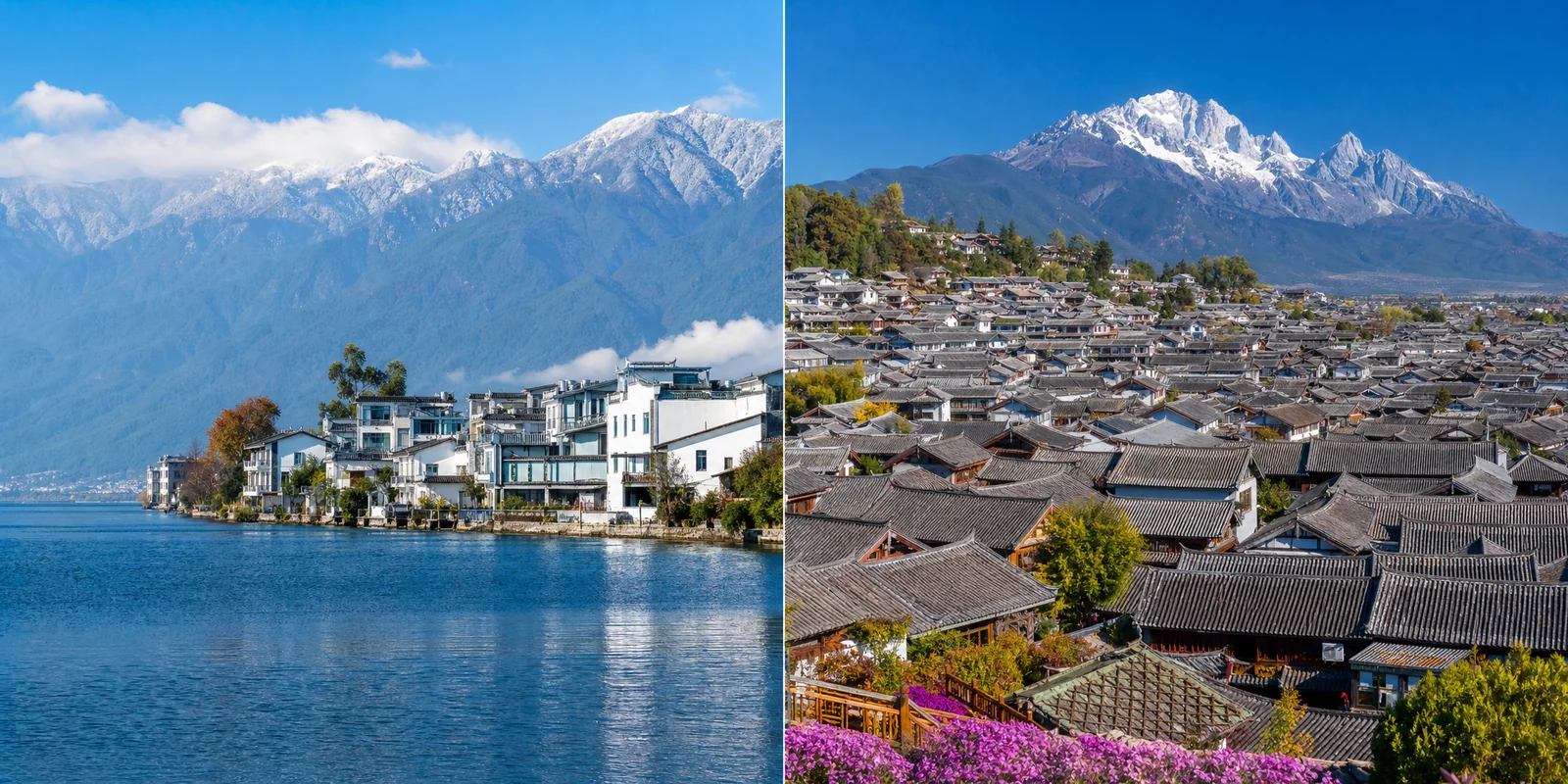 Split view of Erhai Lake near Dali on the left and Lijiang old town rooftops with Jade Dragon Snow Mountain on the right