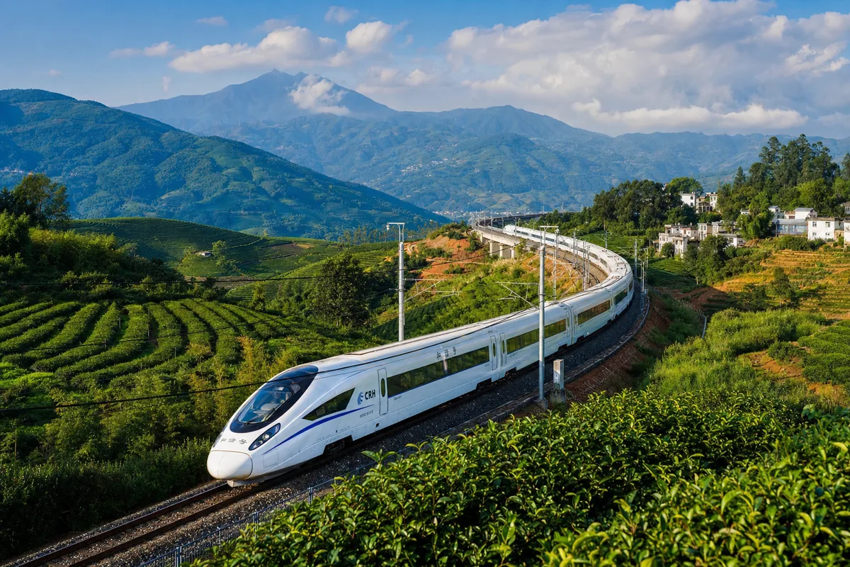 High-speed train departing through green Yunnan countryside toward Dali and Lijiang