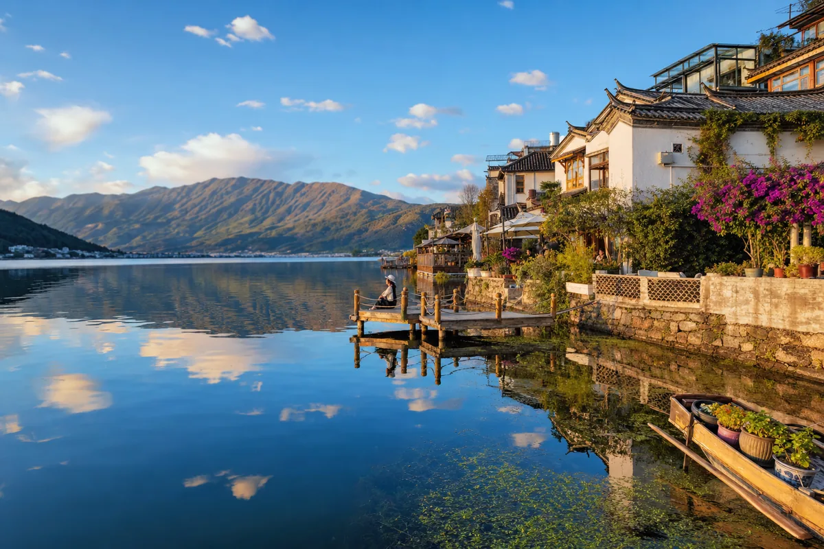 Erhai Lake at Shuanglang village with mountains across the water at golden hour