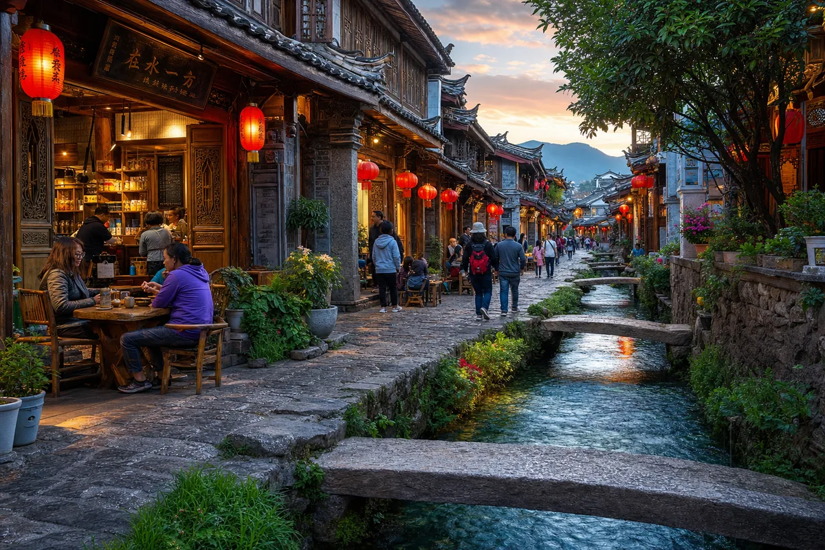 Water channels and stone bridges winding through Lijiang old town lanes